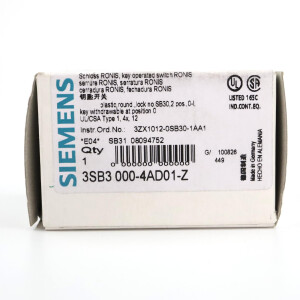 Siemens RONIS Schlüssel Schalter 3SB3000-4AD01-Z SB30 OVP