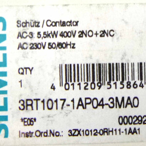 Siemens Schütz 3RT1017-1AP04-3MA0 400V/5,5kW OVP