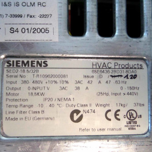 Siemens HVAC Micromaster SED2-18.5/32B 6SE6436-2BD31-8DA0 18,5kW REM