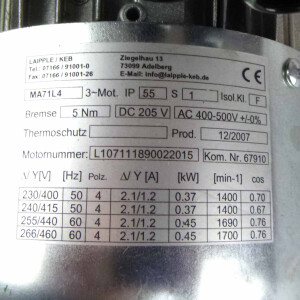Laipple/KEB Drehstrommotor MA71L4 230/400V 50Hz 0,37kW 1400 min-1 NOV