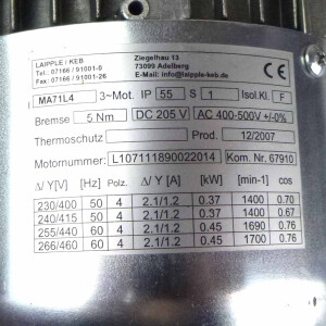 Laipple/KEB Drehstrommotor MA71L4 230/400V 50Hz 0,37kW 1400 min-1 #K2 NOV
