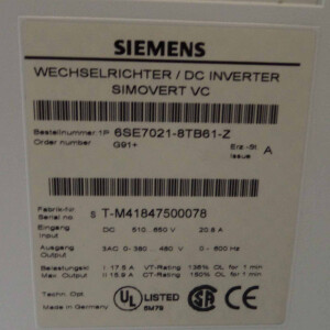 Siemens SIMOVERT Masterdrive 6SE7021-8TB61-Z Z=G91 E-Stand A GEB