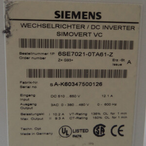 SIMOVERT Masterdrive 6SE7021-0TA61-Z Z=G93 E-Stand:A GEB