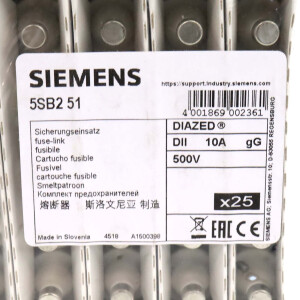 Siemens Diazed Sicherungseinsätze DII 10A 5SB251 (25Stk.) OVP