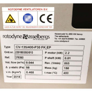 rotodyne Asselbergs Lüfter CV-135/400-P30 FK EP 2,2kW NOV