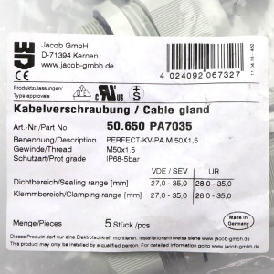 Jacob Kabelverschraubung 50.650 PA7035 M50x1.5 (5Stk.) OVP