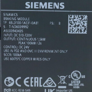 Sinamics Braking Module 6SL3100-1AE31-0AB1 FS:B/RS:AB OVP