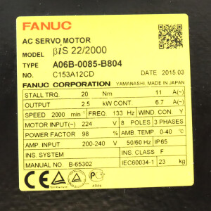 Fanuc AC-Servomotor 22/2000 A06B-0085-B804 NOV