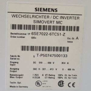 Siemens SIMOVERT Masterdrives MC 6SE7022-6TC51-Z Z=G93 E-Stand:A OVP