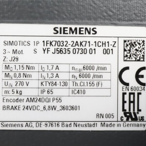 Siemens Synchronmotor 1FK7032-2AK71-1CH1-Z Z=J29 NOV