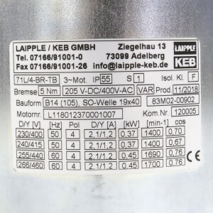 Laipple/KEB Drehstrommotor 71L/4-BR-TB 0,37kW 1400min1 NOV