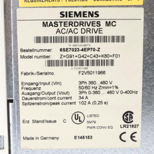 Siemens SIMOVERT Masterdrive MC 6SE7023-4EP70-Z Z=C43+F01+G42+G91+K80 E-Stand: C GEB