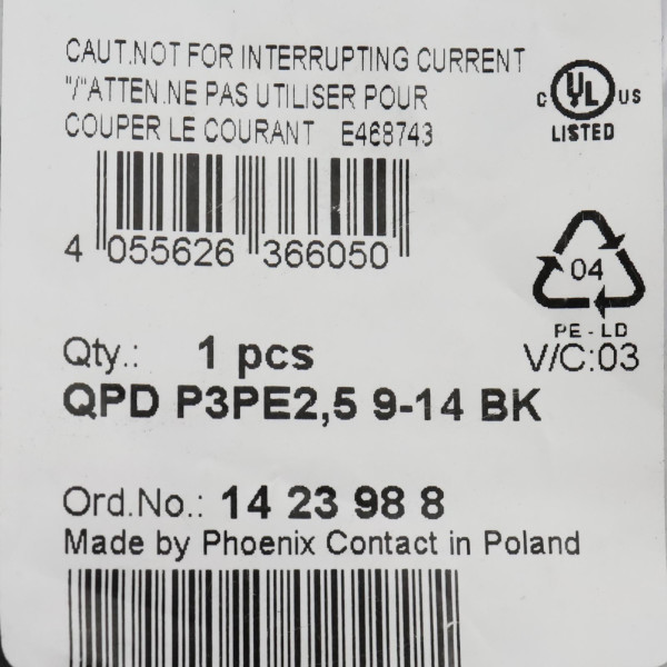 Phoenix Contact Steckverbinder QPD P3PE2,5 9-14 BK 1423988 OVP