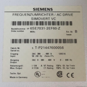 Siemens Simovert Masterdrive VC 6SE7031-2EF60-Z Z=M20 E-Stand:B GEB