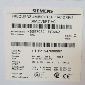 Siemens Simovert Masterdrive VC 6SE7032-1EG60-Z Z=M20 E-Stand:C GEB