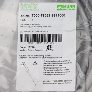 MURR ELEKTRONIK Powerleitung 7/8 Bu. 0° freies Ltg-ende 7000-78021-9611000 OVP