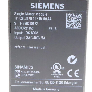 Sinamics Single Motor Module S120 6SL3120-1TE15-0AA4 FS:B GEB