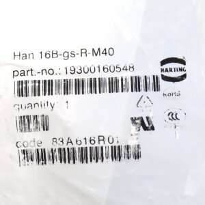 Harting Tüllengehäuse Han 16B-gs-R-M40 19300160548 OVP
