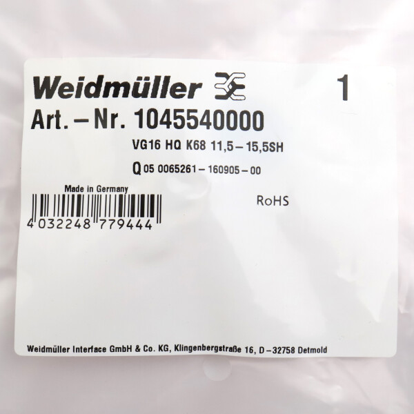 Weidmüller Kabelverschraubung VG16 HQ K68 11,5-15,5SH 1045540000 (10Stk.) OVP
