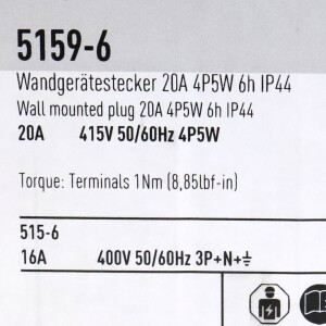 PCE Wandgerätestecker 5159-6 20A 4P5W 6h NOV