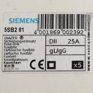 Siemens Diazed Sicherungseinsätze DII 25A 5SB281 (5Stk.) OVP
