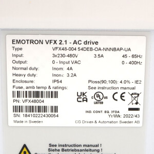 emotron Frequenzumrichter VFX48-004 54DEB-OA-NNNBAP--UA OVP