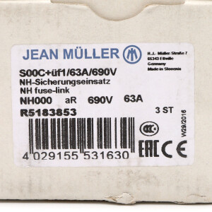Jean Müller NH-Sicherungseinsatz S00C+üf1/63A/690V R5183853 (3Stk.) OVP