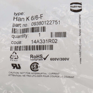 Harting Buchseneinsatz Han K 6/6-F 09380122751 OVP